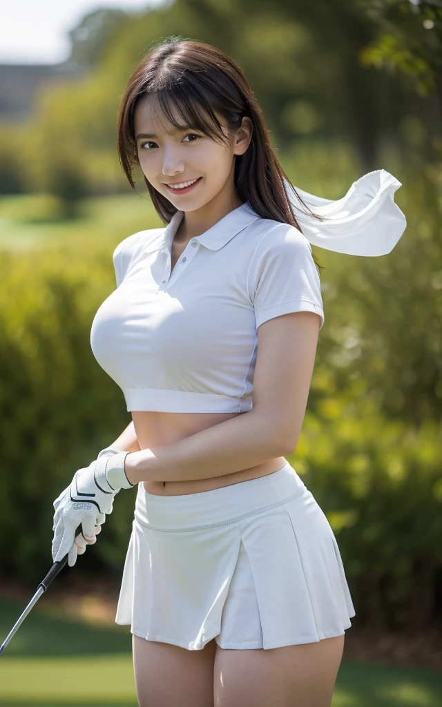 Highly detailed CG Unity 8k wallpaper, with the best quality, Super detailed, masterpiece, realistic, Realistic Photos, Highly detailed cute girl, 19 years old, solo、slender, tall 165cm, (sexy golf wear) , (golf mini flared skirt) , (hugging a golf driver), (wearing golf gloves)、smile , round eyes, slender body, natural breasts、viewers watching, full body shot , golf course , Sun visor, (white_panties), ((low angle photo)), nsfw,