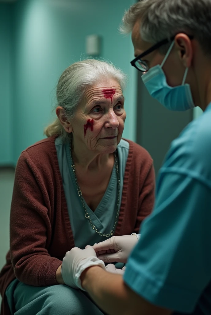 image of an old woman with bruises being taken to the hospital