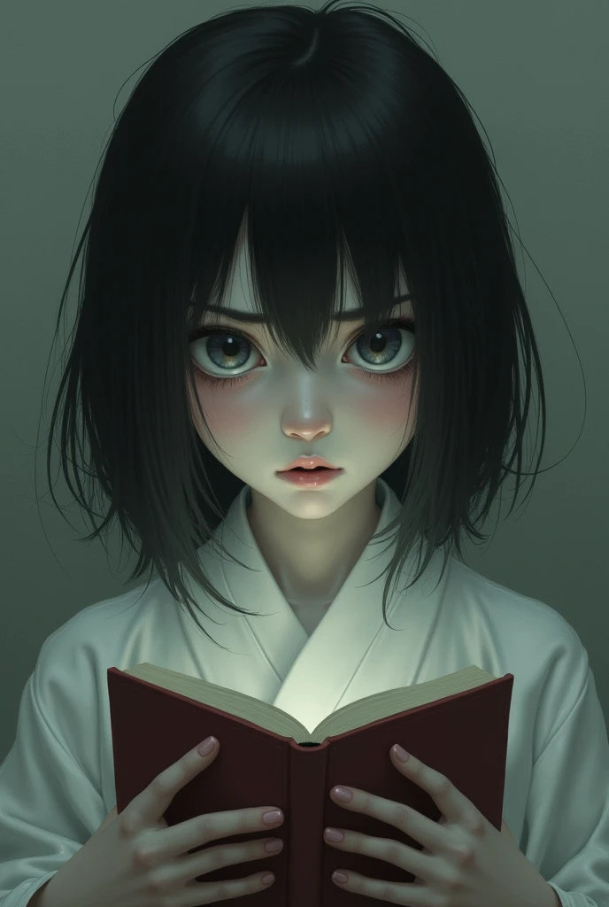 A young Japanese girl has a ghost story-like face。
But please make sure it's as bloodless as possible.。
However, please make the facial expression one of fear or anger.。
And please make it so that you are holding a book in both hands.。