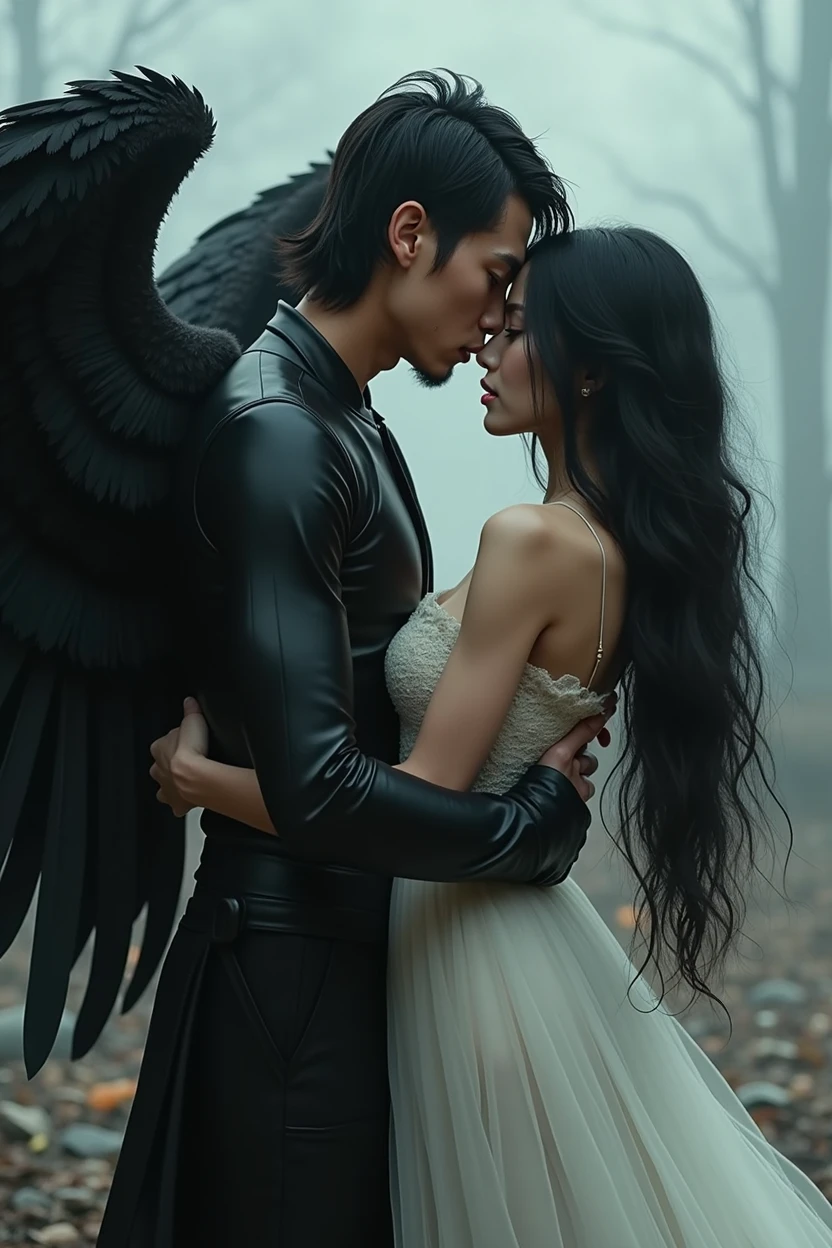 Create a highly detailed digital art piece depicting a dramatic and intense scene. The image should feature a handsome asian male, short mullet haircut, wearing a black outfit and has wings made of feathers. The wings should appear powerful and dynamic, enhancing the surreal and otherworldly feel of the scene. The male hugged a beautiful russian female figure with long, flowing black hair, dressed in a semi-transparent, ethereal white gown that suggests a blend of elegance and mystery. Her posture should be one of awe or slight trepidation as she gazes up at him. And he gazes down at her. The background should be moody and atmospheric, possibly with a hint of desolation or a war-torn landscape.