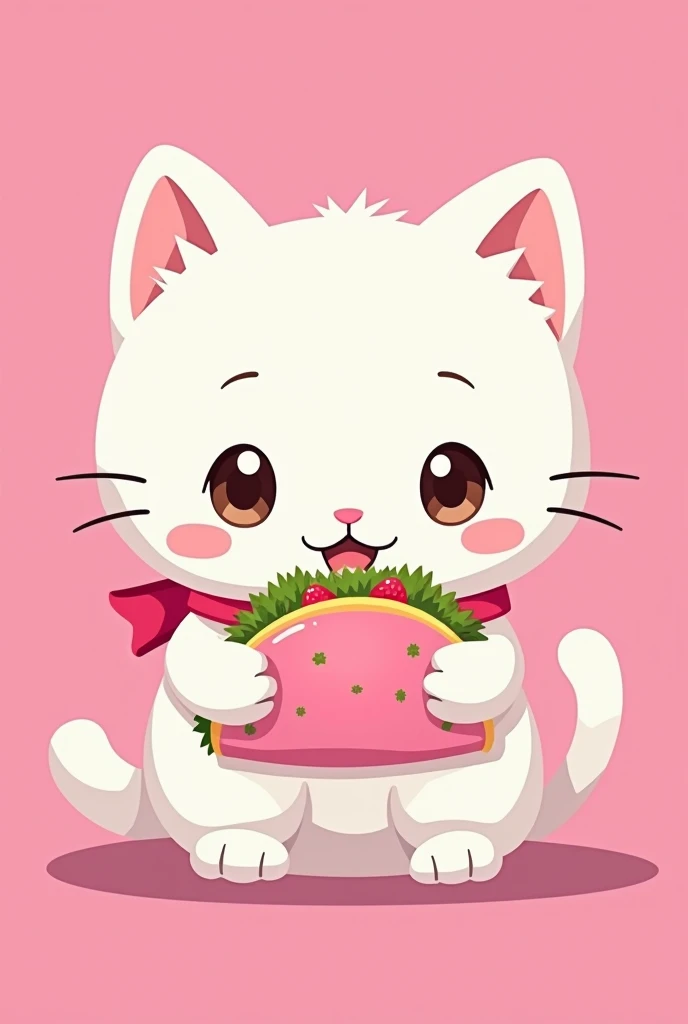 Cat with a pink ribbon collar, hello kitty style, white, studio ghibli style, eating a pink tortilla taco, anime style, in the shape of a logo, with a pink background  