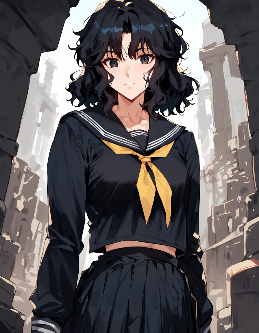 score_9, score_8_up, score_7_up, unaestheticXLv31, masterpiece, ultra-detailed, nsfw, Shiny skin, pretty eyes, BREAK, Black serafuku, long Sleeves, tanding,, kaoru tanamachi, black eyes, black hair, messy hair, ruins