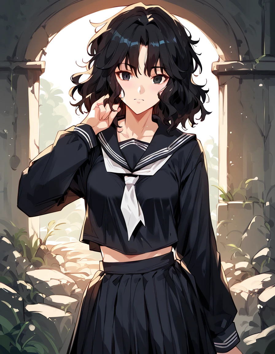 score_9, score_8_up, score_7_up, unaestheticXLv31, masterpiece, ultra-detailed, nsfw, Shiny skin, pretty eyes, BREAK, Black serafuku, long Sleeves, tanding,, kaoru tanamachi, black eyes, black hair, messy hair, ruins