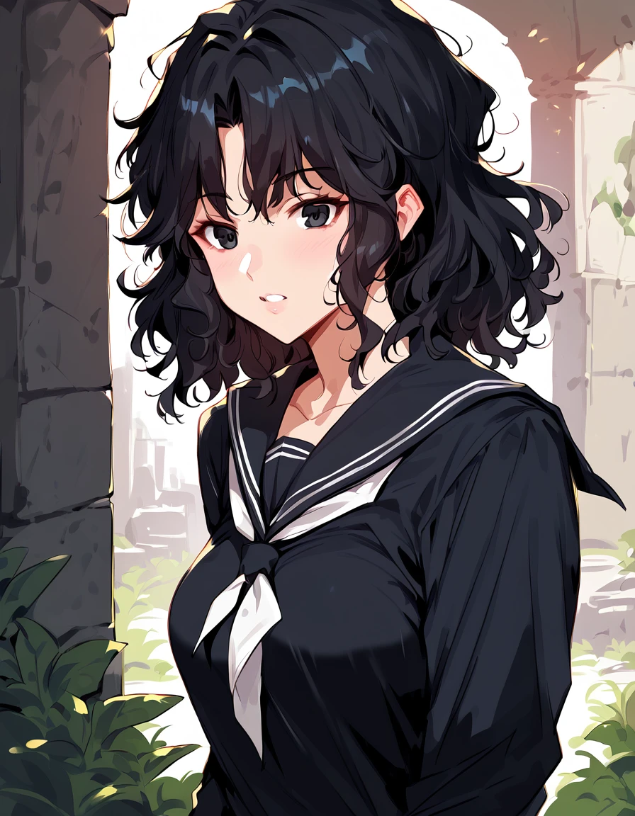 score_9, score_8_up, score_7_up, unaestheticXLv31, masterpiece, ultra-detailed, nsfw, Shiny skin, pretty eyes, BREAK, Black serafuku, long Sleeves, tanding,, kaoru tanamachi, black eyes, black hair, messy hair, ruins