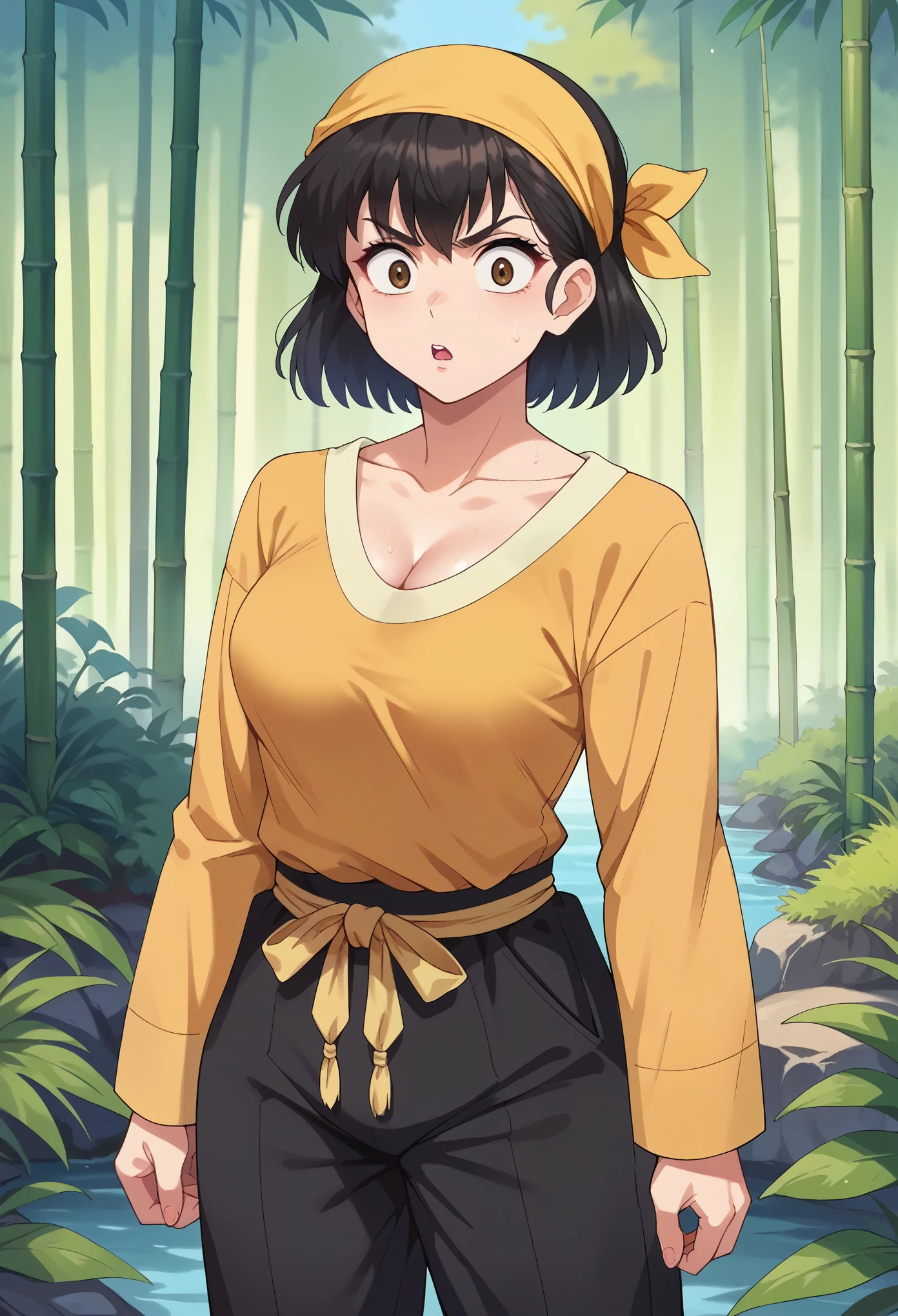 score_9, score_8_up, score_7_up, 1girl, solo, female focus, medium breasts, Ryouga Hibiki, black hair,(medium hair), bangs, brown eyes, yellow bandana, yellow shirt, long sleeves, cleavage, black pants, baggy pants, upset, surprised, wet, looking at you, chinese forest, bamboo