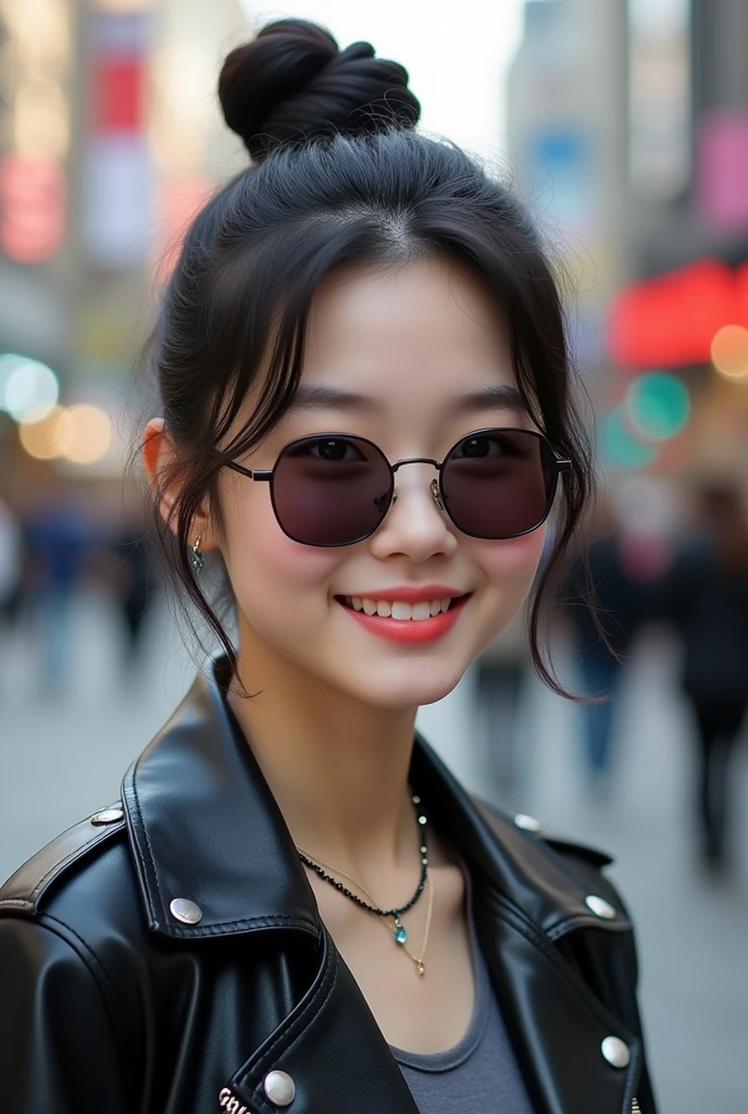 Beautiful young woman of the year、 Korean women、Black Hair、Hairstyle bun、Necklace around the neck、sunglasses、leather jacket、shirt、smile, Beautiful teeth alignment、Intricate details, Very detailed:1.2), 、 Looking into the camera,The background is the town、Ear piercing