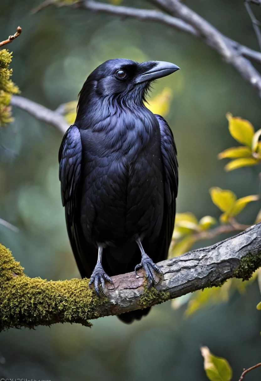 a black raven with glowing black eyes perched on the branch of an eternal tree, dark background with gray hues, the raven has a glossy black appearance and a powerful presence, professional camera, professional lighting, close-up of the raven