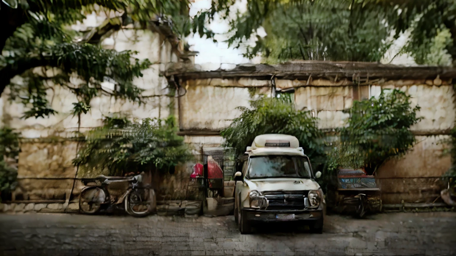 Picture of the front of a coffee shop using a white-cream mini van as the shop, parked under a large tree, shady on the side of the road, with touring cyclists as customers, high resolution, aspect ratio 16.:9