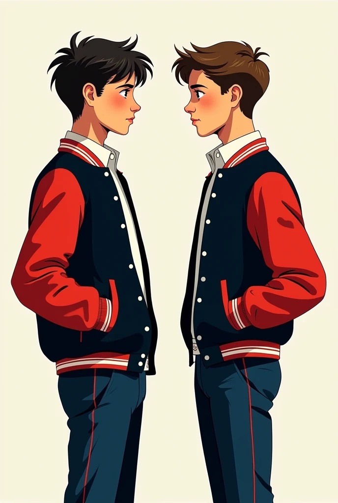 The cover of a book.
Two age boys, dressed in dark blue suit-type trousers.
A black varsity jacket with red sleeves facing each other. The lines of the jacket are white except for the pockets..