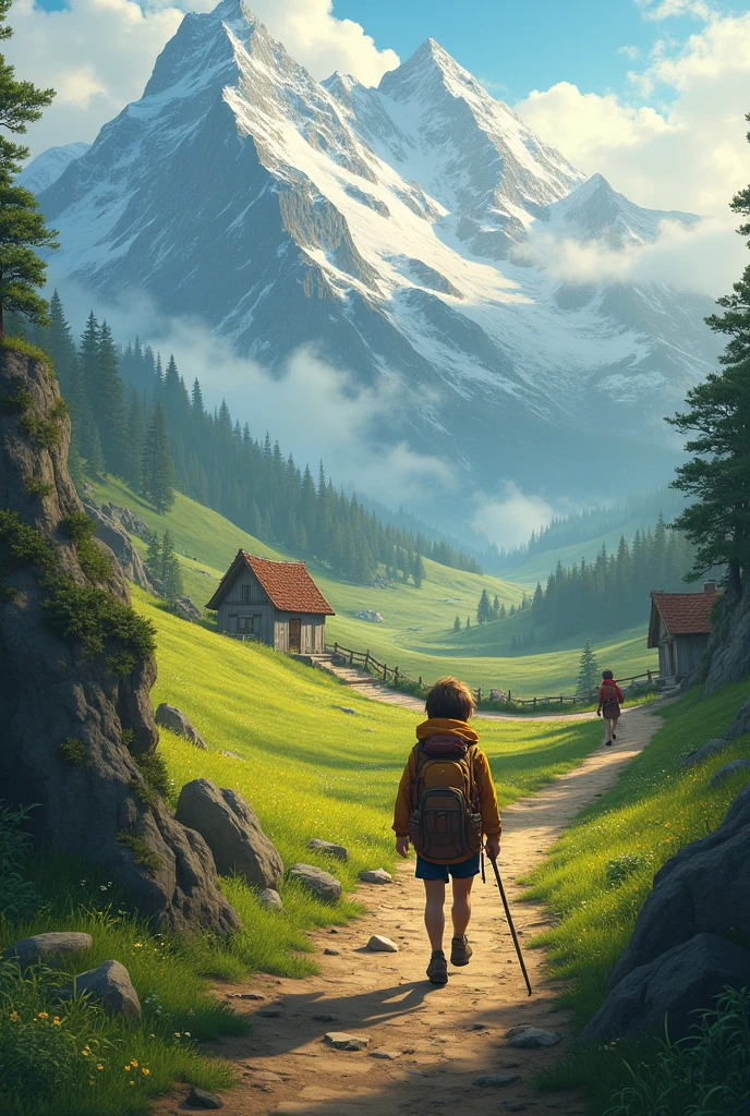 A young explorer sets out on an adventure, walking along a narrow, winding path that leads away from a small, quaint village nestled in the foothills of a towering mountain range. The morning sun casts a warm, golden light over the landscape, illuminating the lush green fields and the distant peaks covered in snow. The explorer carries a backpack and a walking stick, with the old map peeking out from a side pocket. In the distance, the mysterious, mist-shrouded mountains hint at the challenges and discoveries that await. The scene is full of anticipation and the promise of a grand adventure.