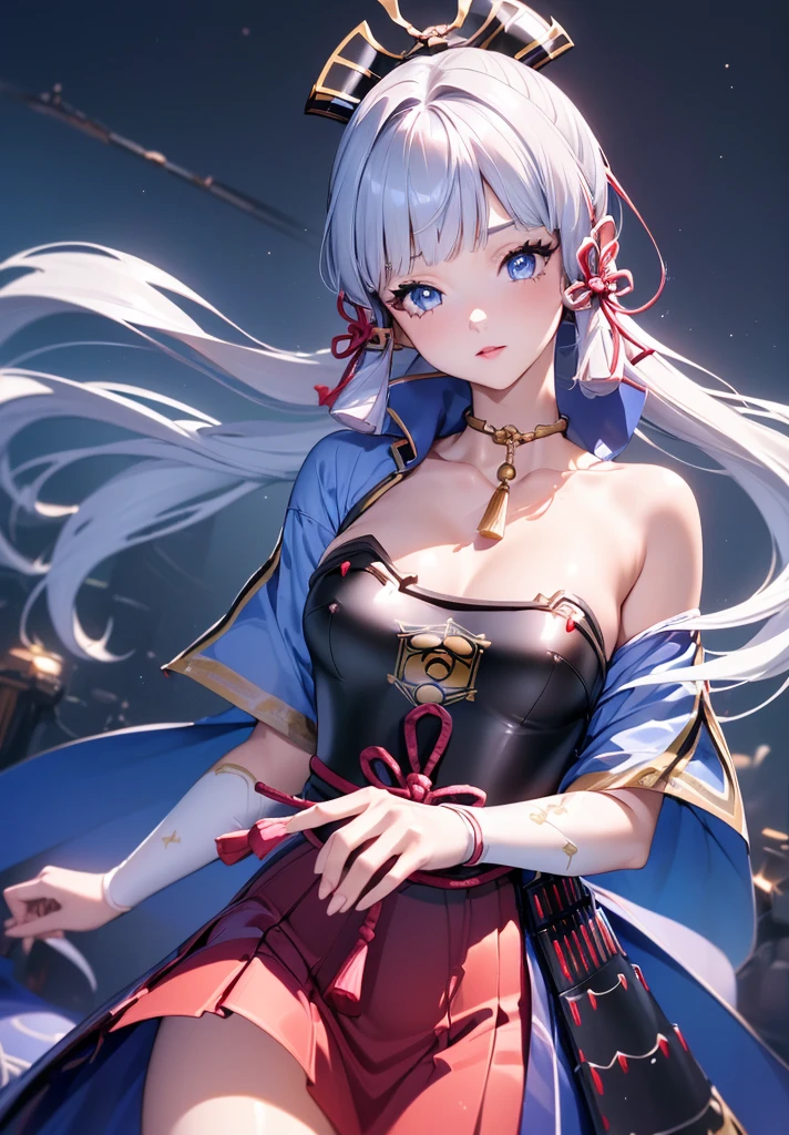 ((masterpiece)),(bestquality),((ultra-detailed)), ((beautiful detailed sky)), ((cinematic lighting)), depth of field, (dynamic angle),detailed lighting,((beautiful detailed eyes)), (night sky view), red lip, eyeshadow,large breast, cleavage, ((wearing tiny dress, off shoulders, bare hips)), ((kamisatoayakadef))