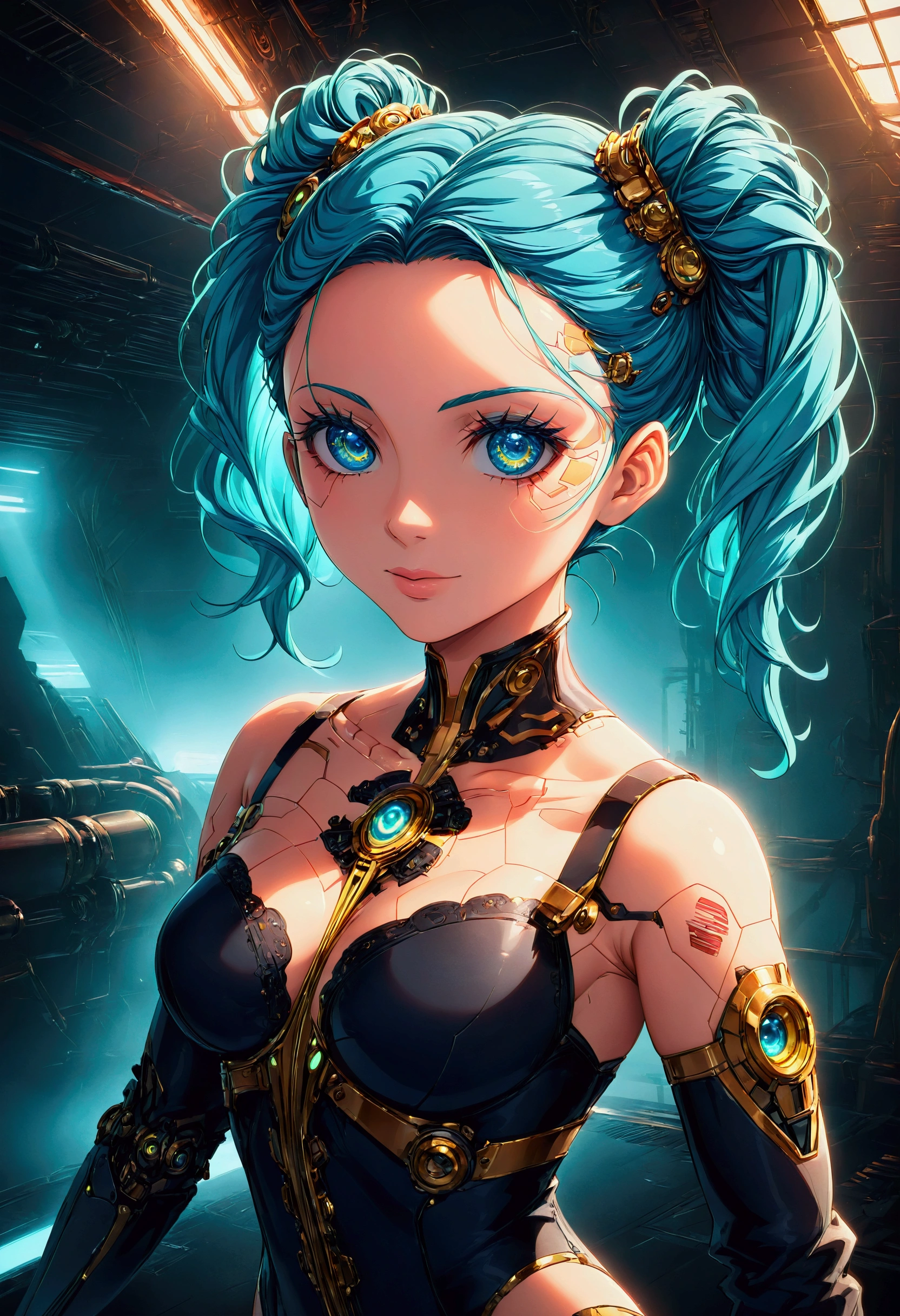 a woman with futuristic cyborg body, intricate mechanical details, glowing neon cyberpunk implants, bioorganic textures, steampunk gears and pipes, dramatic lighting, Pixar-style character design, intricate digital painting, cinematic composition, vibrant colors, masterpiece