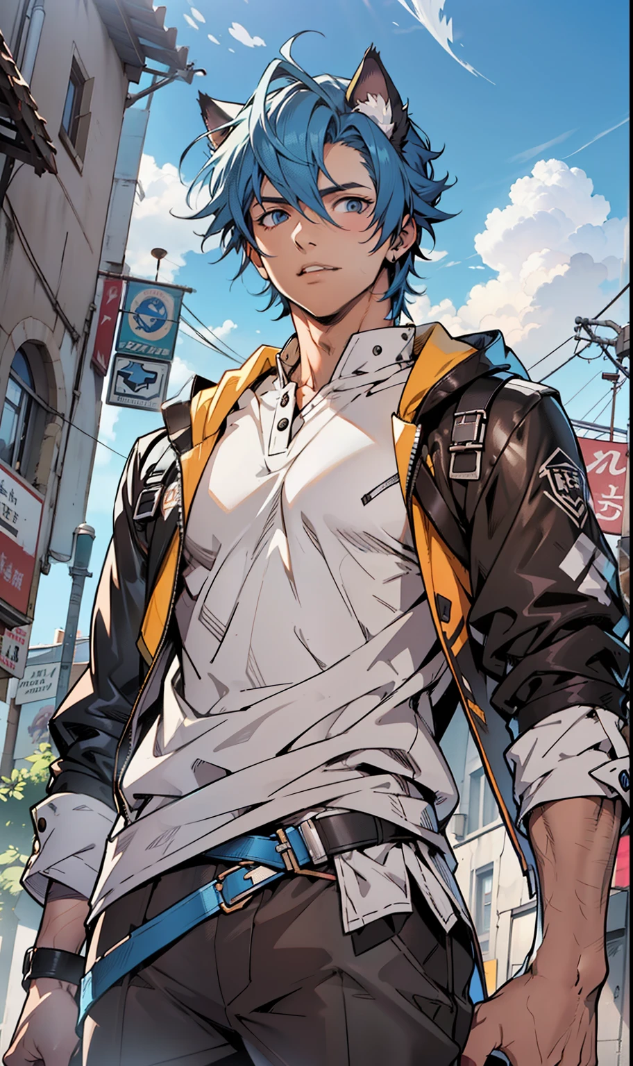 City, Male Characters, Handsome male character, Blue Hair,Cat ears,There is a cat tail,Functional style clothing,tall and thin male model,Attractive male,, masterpiece, YuOC, PivY, Arknights, (Extremely detailed CG unity 8k wallpaper), (best quality), (Best Illustration), (Best shadow), Have thin muscles, Extremely high quality, (abyss), Beautiful and delicate light, Artworks by Peter Mohr Bacher,4k anime, Young man with a beautiful face, Attractive face and figure , Face the camera, Male characteristics