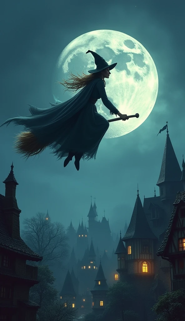 A witch soaring through the sky on her broomstick, high above a medieval village, with a full moon illuminating the scene, detailed textures and realistic lighting