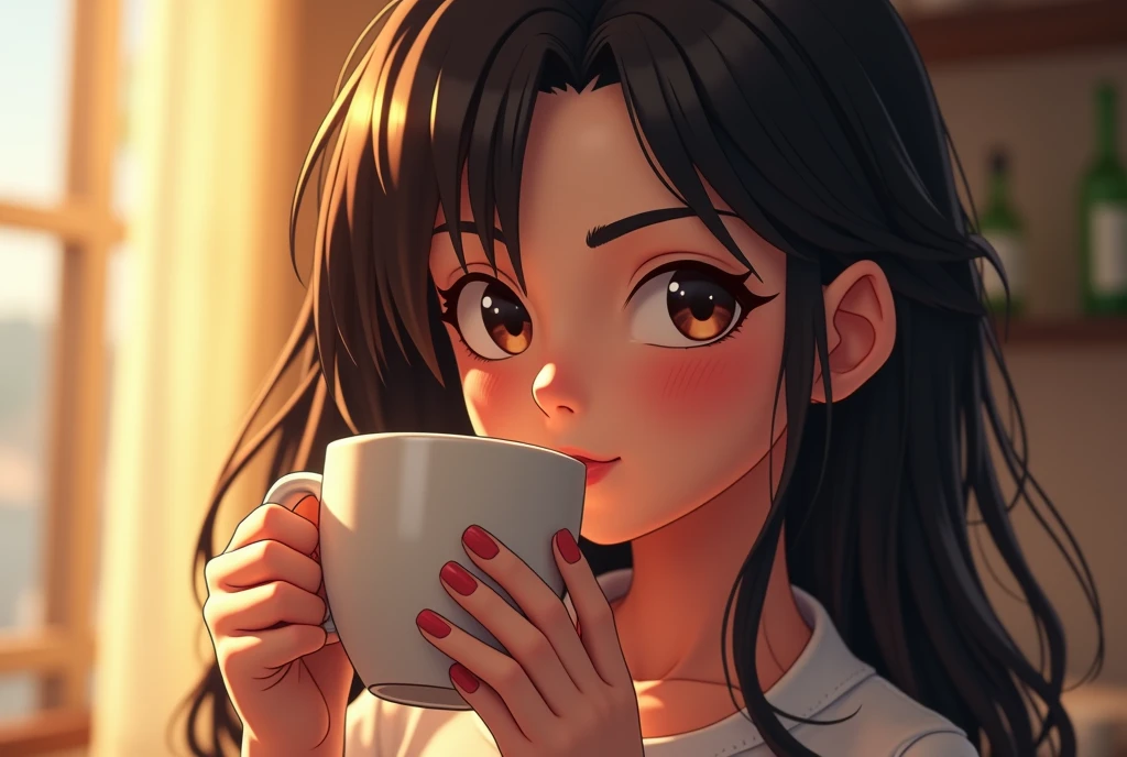 (photorealism:1.2),high quality, 8K Ultra HD, A beautiful angle shot,Ultra-detailed,Ultra-realistic,Realism,RAW illustration,photography of a dark haired female streamer,holding a mug of coffee,looks at the viewer,on a sunny morning,cartoon style,32k ultra fine detailed,cinematic,photo realistic,dynamic lighting,masterpiece,high definition,stylized digital art,smooth,ultra high definition,unreal engine 5,ultra sharp focus,intricate artwork masterpiece