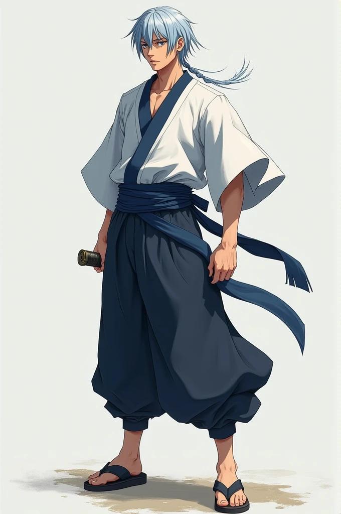 An 18 year old man with slightly long blue-white hair, defined features, COMPLEXION ATLETICA, with a white and blue aori black pants and ninja sandals
