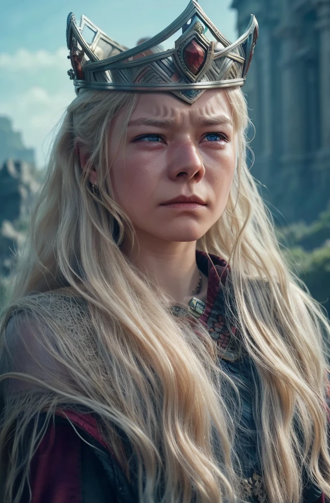 Rhaenyra crying, sad, upset, wearing her crown, upper body, photorealistic (masterpiece, best quality:1.2), 1girl, solo