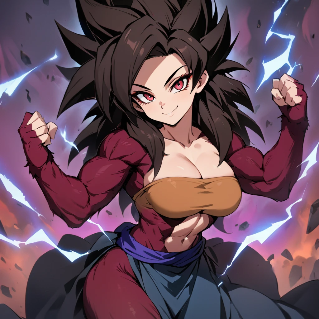 ((masterpiece,Best Quality)), (High resolution:1.1), detailed face, detailed red eyes,   arched ray, electricity, Aura, super_Saiyan_4, Girl,Dark colored Greek clothing , long black hair, body fur, red fur, Alone, smile, presumed, tight_fist, looking at the viewer, cowboy shot,bright, Aura, energy, Haz, flying debris, by the floating, fluffy hair,