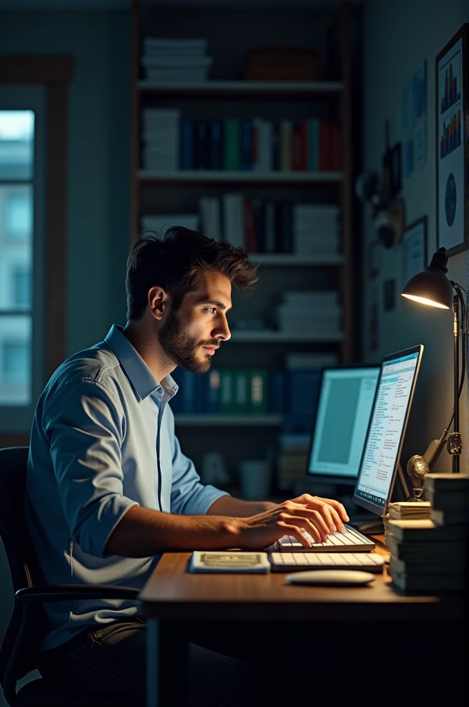 A man is a programmer sitting in a small room, writing code, and there is a lot of money next to his computer.