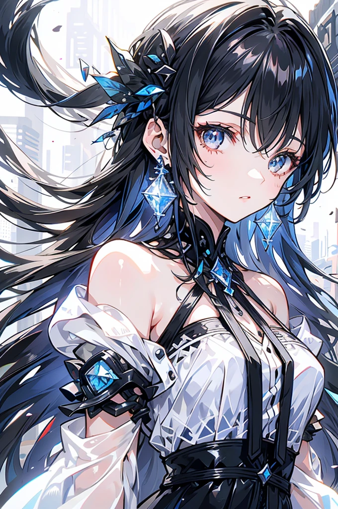 Exquisite facial features，Girl in western dress，Glassy eyes，Silver earrings，Black long hair，cute，Sleeveless clothing