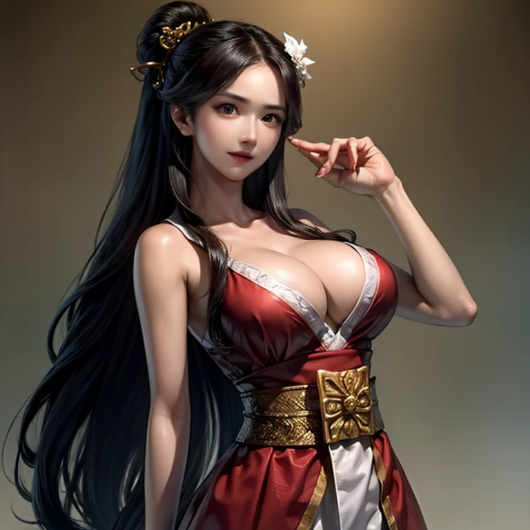 ((Highest quality)), ((masterpiece)), ,Simple color background,(Very intricate details), 1 person,Woman close up,20-year-old,Long Hair,ancient chinese open-chested dress,Cleavage, Big ample breasts,(((Big Breasts))),Fantasy,anime