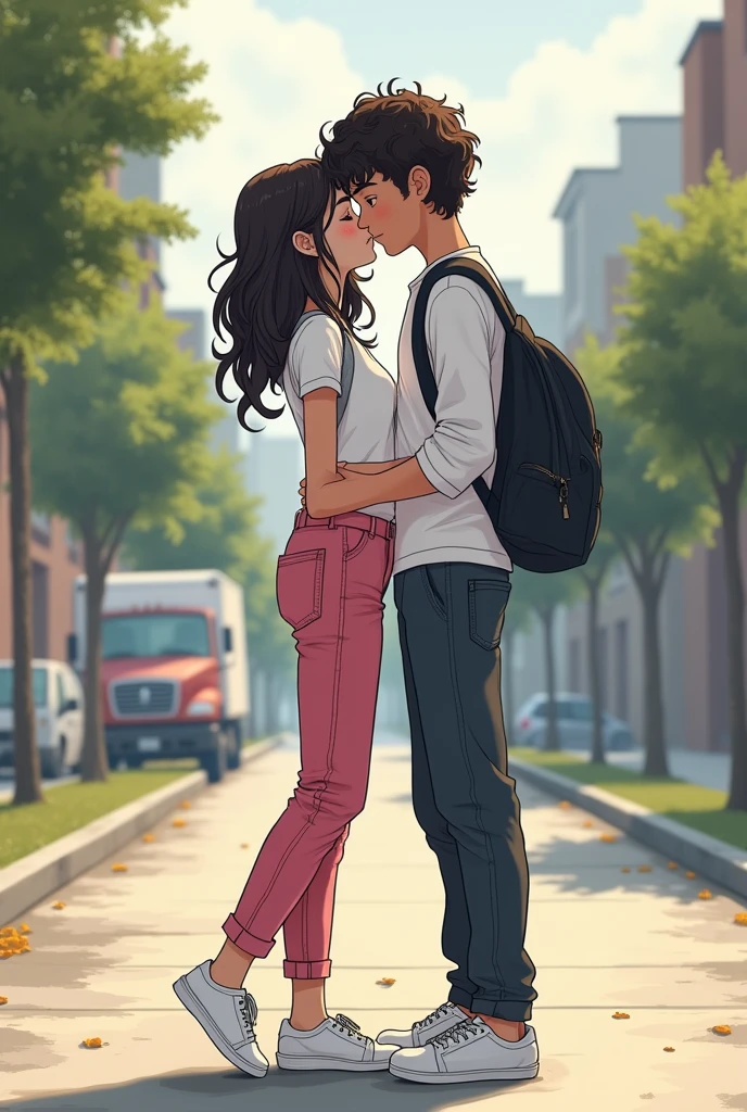 She is short and has dark wavy hair and a little white. She wears pink cargo pants and white sneakers and a white blouse. She is a ager, 14 yd has a white long-sleeved blouse inside the blouse. She is very beautiful. She is a little brunette but white. She has a white boy who is bigger than her and has curly hair. They are exes, but he still likes her, but she is with someone else. She is 14 and he is 15. They are white. They are at school. They are distant and kissing.