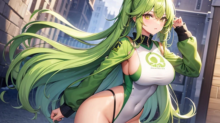 1girl, green hair, yellow eyes, long hair, messy hair, hair between both eyes, large breasts, athletic leotard color white-green with star print, skinny, navel, long sleeve, perfect quality, Masterpiece, high quality, good quality, standing in the back ally