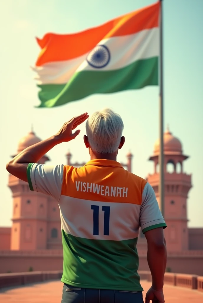 a 40 years old man , professional man salutes the national flag of bharat and he is wearing a shirt print is like bharat flag and "VISHWANATH" and 11 number and republic day in small but small is written on it's back in big and bold fonts, 3d illustration, IN LAL KILA DELHI