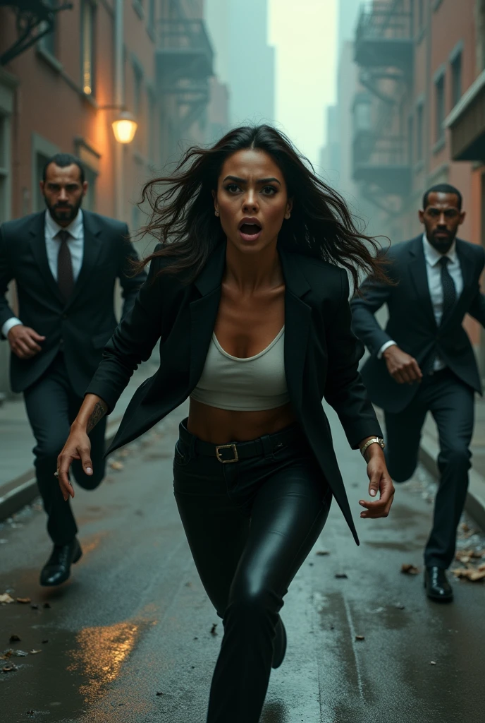 Yessica being chased by a gang of strong black mobsters