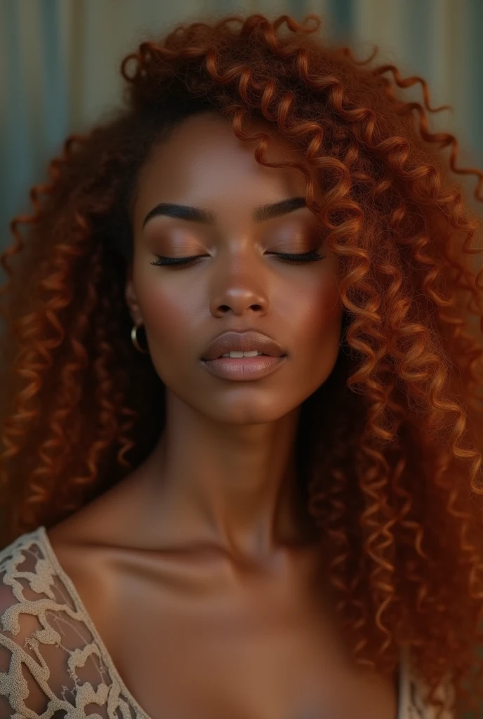 Black woman with long curly copper-colored hair and closed eyes