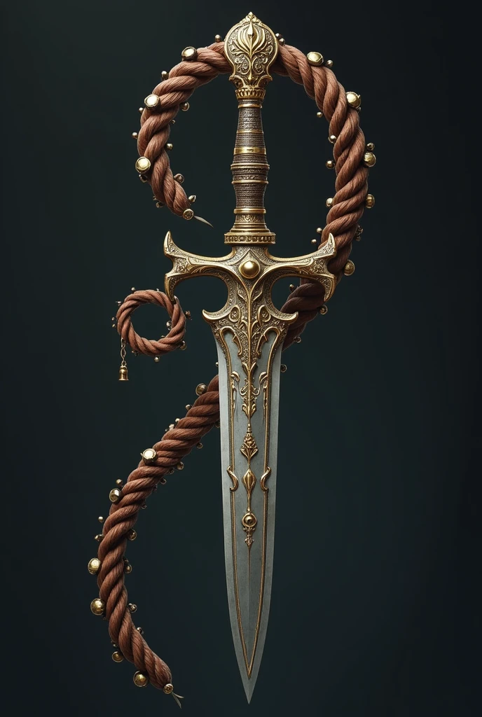 A single dagger in the shape of a treble clef, with intricate design on the blade and handle. From the base of the handle, A flexible whip is extended along its length, which is decorated with small bells or resonators.. The whip can be coiled into the handle or deployed as needed..