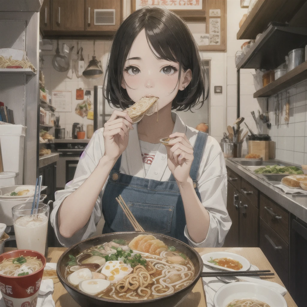 Photo of a girl eating ramen, artwork in the style of Gweitz, by Hikari Shimoda, Inspired by Hikari Shimoda, Gweitz on artstation pixiv, Gweitz on pixiv artstation, Gweitz, Gweitz masterpiece, Beeple and Jeremiah Kettner, Eat ramen, By Chen Yanjun