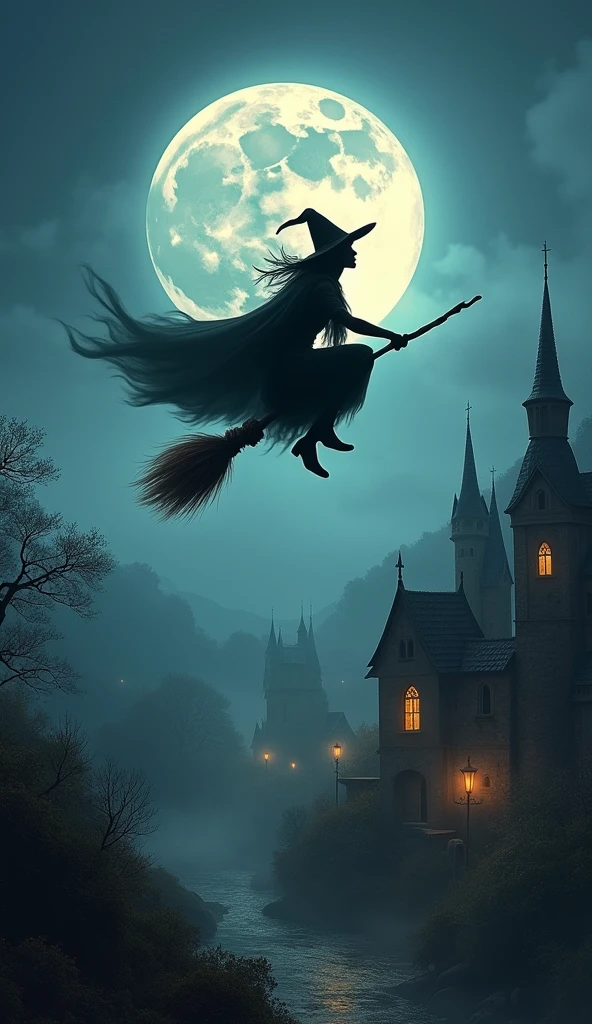 A witch soaring through the sky on her broomstick, high above a medieval village, with a full moon illuminating the scene, detailed textures and realistic lighting