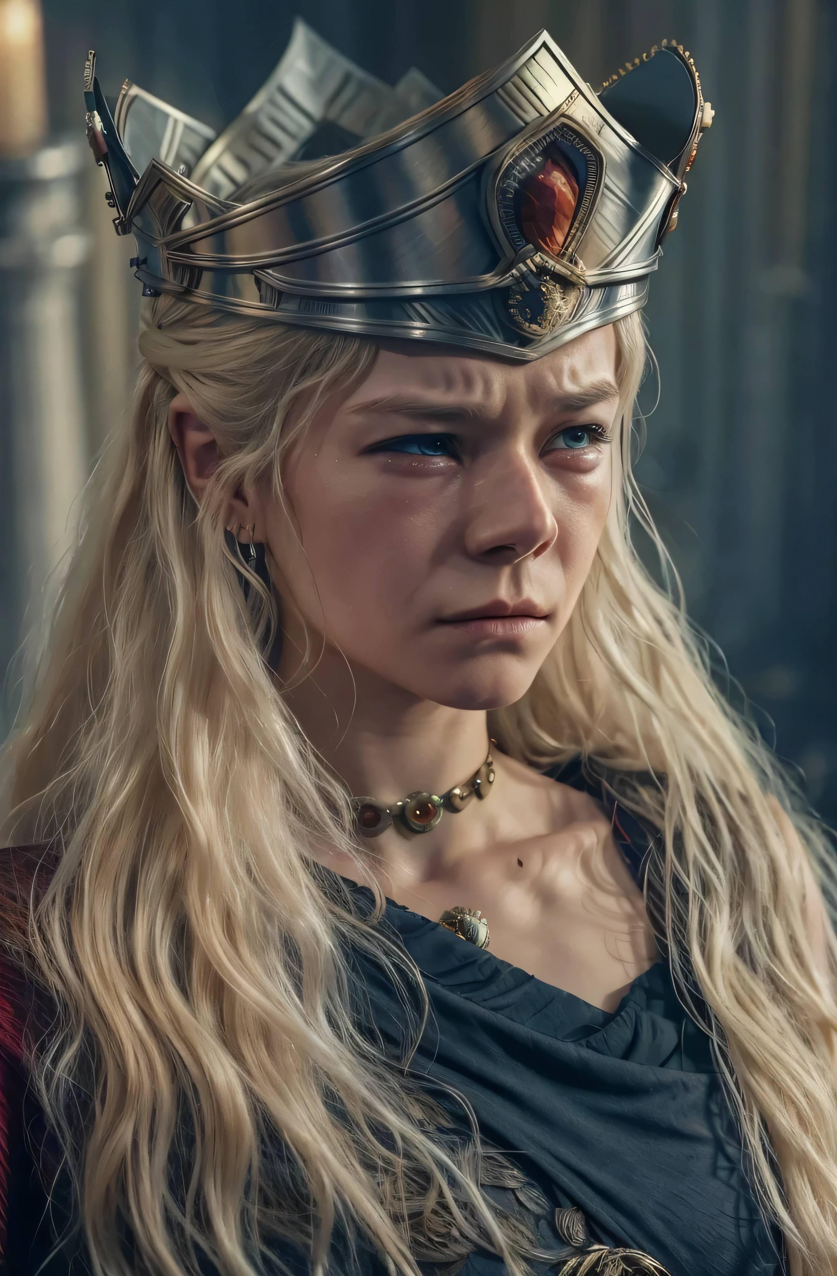 Rhaenyra crying, sad, upset, wearing her crown, upper body, photorealistic (masterpiece, best quality:1.2), 1girl, solo