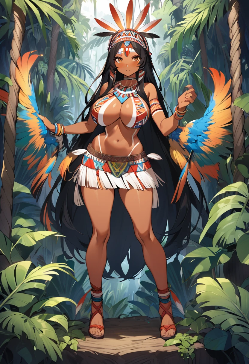 (whole body), (fully body), a girl, (South American indigenous), skin tanned,  long  hair, wearing only a micro skirt, painted skin, headdress of feathers, bust on display, beautiful girl, Youngh, thick feathers, big boobies, background a jungle, panther on the side.
