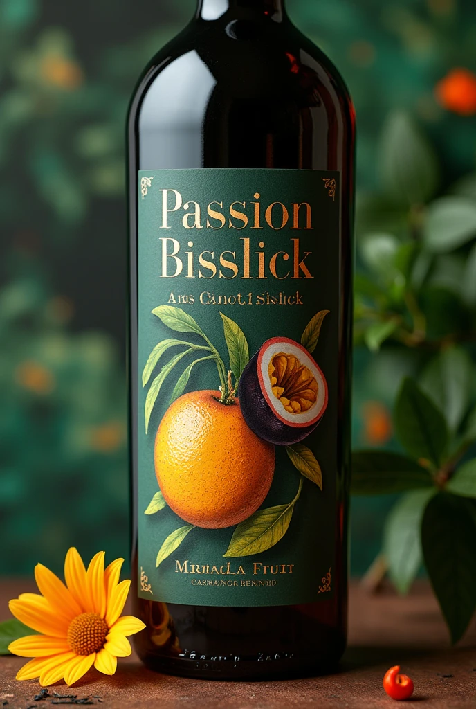 Create a label for a passion fruit wine that says Passion Bisslick by Miranda Bisslick as the title, that looks delicate, sexy and fine and with the chinola fruit in the rainforest