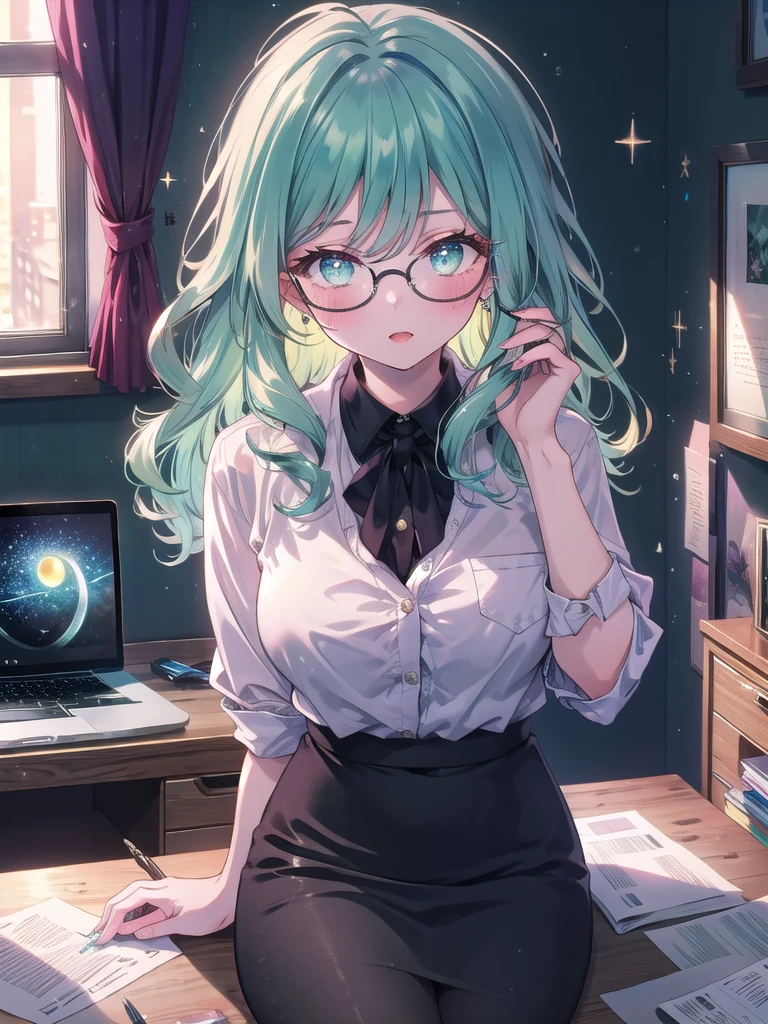 ((8k, Highest quality, masterpiece: 1.3)),Ultra-high resolution,(1 girl, alone), (Color changing eyes, Ultra-detailed, Expressive brilliance, Glitter, Glowing Eyes), Highly detailed eyes, Highly detailed face, Random Hair, ((pastel colour)),A confident young woman with pastel mint-green hair styled into soft curls, sitting at her desk in her dimly lit bedroom during a quiet night. She is dressed in a seductive secretary cosplay, wearing a tight pencil skirt, a low-cut blouse, and a pair of glasses perched on her nose. The camera captures her from a slightly elevated angle as she leans over the desk, her expression professional yet alluring. The room is softly lit by a desk lamp, with a laptop, some papers, and a few office supplies spread out, creating an atmosphere of both professionalism and seduction,(nsfw:1.2)