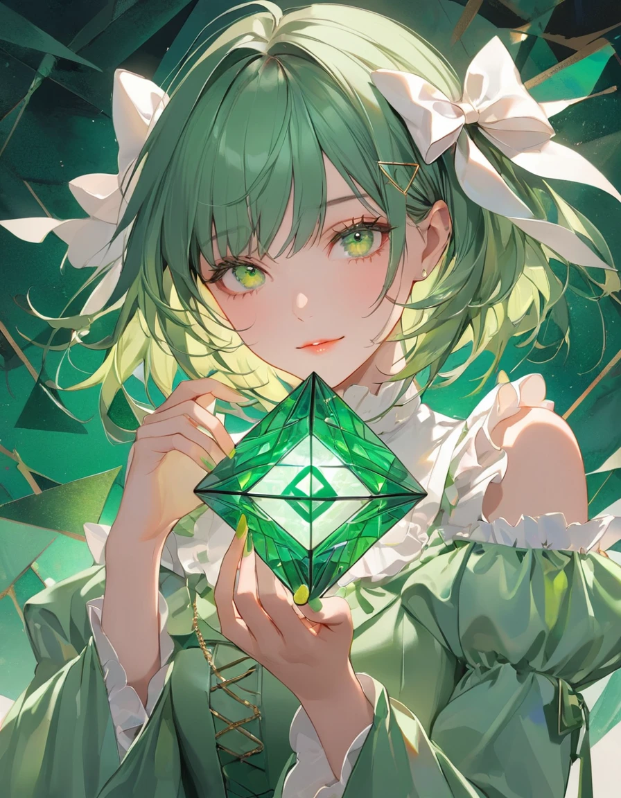 (digital art:0.2),(geometric art:1.7),(top-quality),(masterpiece)(1 girl),(girl holding the clear yellow-green gemstone),Delicately drawn face,girl with a pretty face,beautiful detailed green eyes,green and white lolita fashion,((green and white costume)),white skirt,(Beautiful silky green hair:1.2),white ribbon hair ornament,Film Lighting,abstract,a beautiful artistic illustration,green geometric background,(green mosaic)