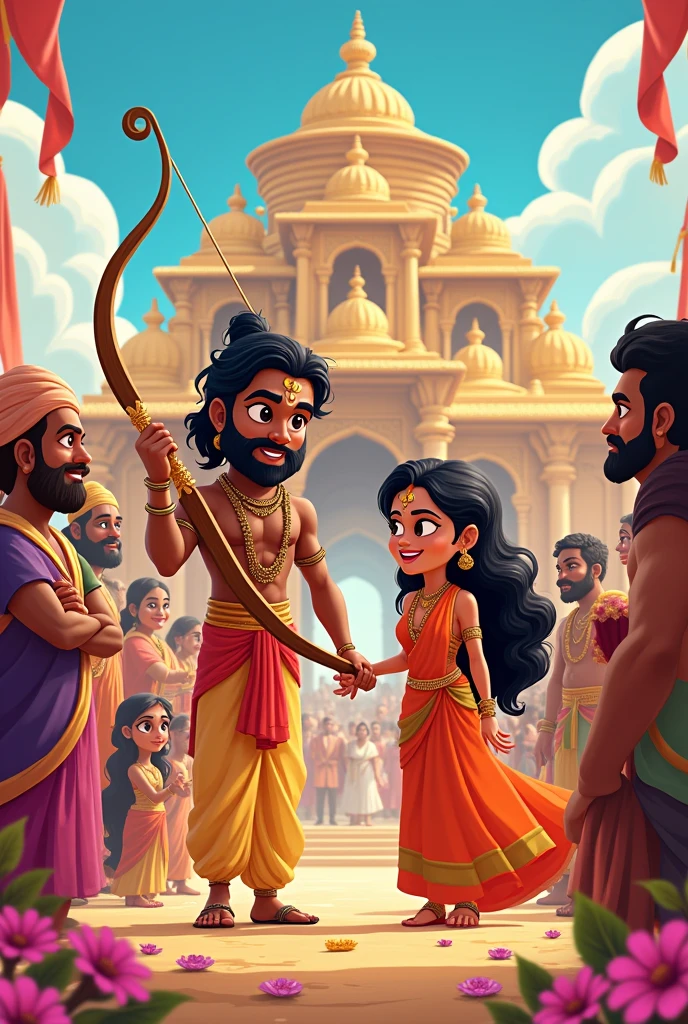 Create cartoon images style "चित्र में भगवान राम और माता सीता का विवाह दिखाया जाए। राम धनुष को तोड़ते हुए नजर आएं, और माता सीता खुशी से उनके पास खड़ी हों। जनकपुरी के भव्य मंडप को बैकग्राउंड में दर्शाया जाए, जिसमें राजा जनक और अन्य राजसी परिवार के सदस्य शामिल हों। रंग-बिरंगे पुष्प, धार्मिक ध्वज, और पारंपरिक सजावट के साथ यह दृश्य जीवंत हो"