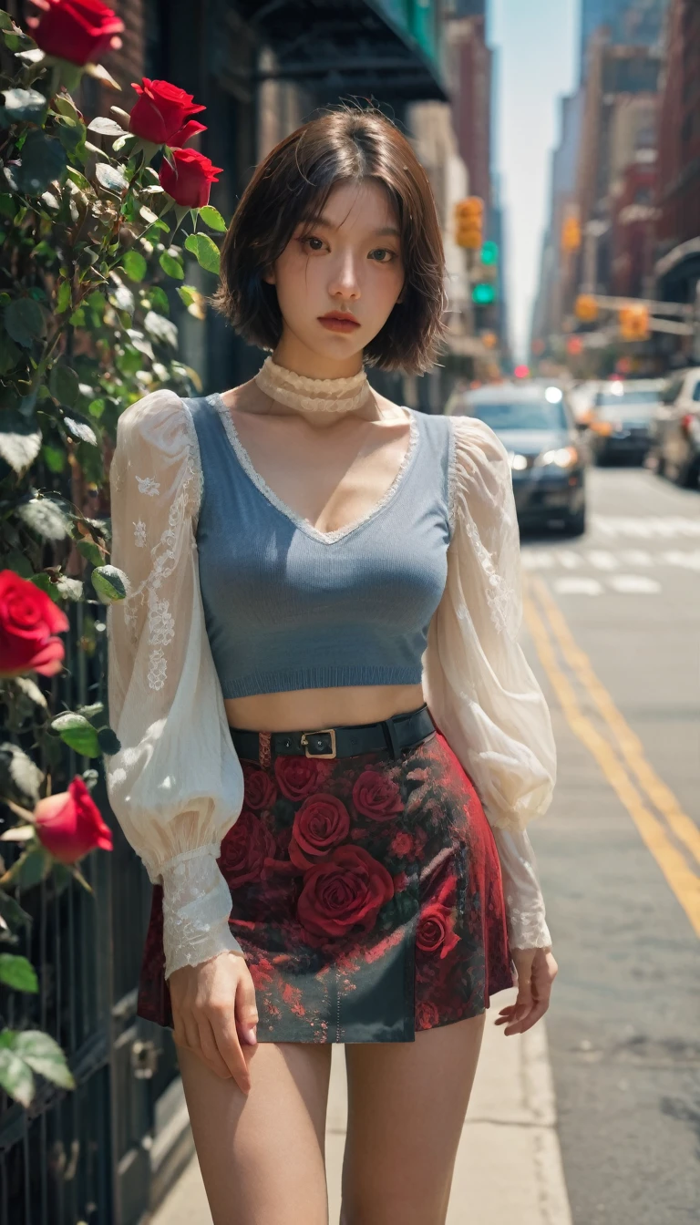 girl,1 female, Delicate eyes,Delicate face , Thigh details, On the streets of New York, Detailed background, Movie Shadows, Dramatic Lighting by Bill Sienkiewicz,XXMix _girl, Aesthetic portrait, Low angle shot of cowboy, Tight vest, (Field of Roses :1.4),
(Puff sleeves:1.3), see-through mini skirt, 