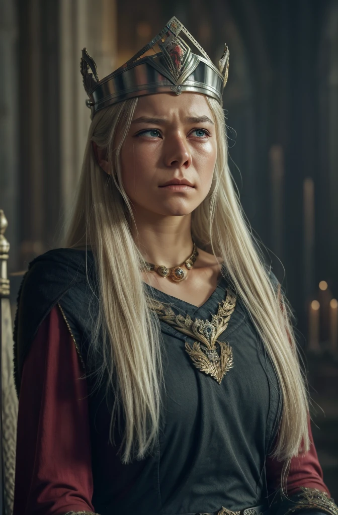 Rhaenyra crying, sad, upset, wearing her crown, upper body, photorealistic (masterpiece, best quality:1.2), 1girl, solo