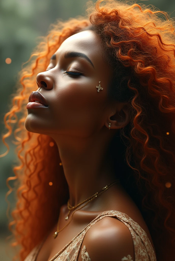 Black woman with long curly copper-colored hair and closed eyes