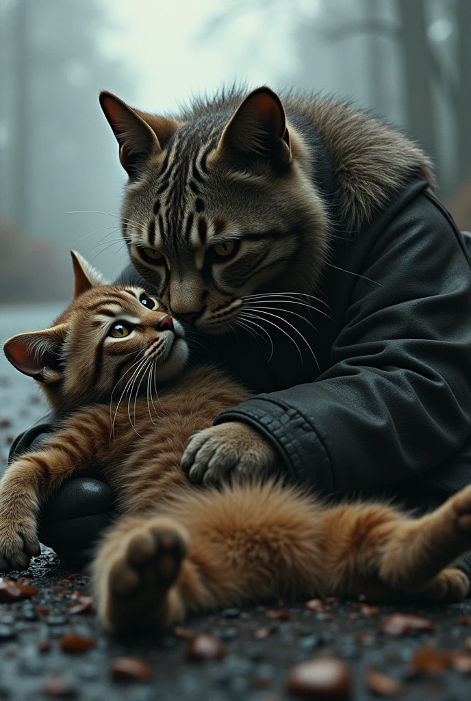 Whiskers crawls out of the wreckage, his body aching, but his concern is only for Oliver. He finds his son injured, lying on the road, his battered and bruised. Despair washes over him as he cradles Oliver in his arms, tears streaming down his face. The helplessness is overwhelming as he pleads for someone to save his beloved son.