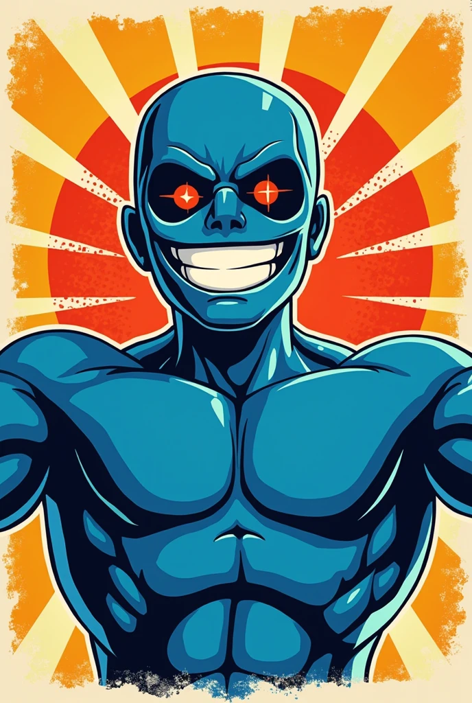 A bold, eye-catching vector art illustration, depicted in a vibrant, three-color palette, as if rendered on a t-shirt stamp, with a striking halftone effect that adds a layer of gritty texture, capturing the merc with a mouth's irreverent personality in a welcoming pose, with a wide arm gesture and a warm smile, set against a bright morning sunrise background, his bright blue skin and iconic blue suit and mask rendered in sleek, modern lines, the overall design bursting with energy and playfulness, perfect for a bold graphic statement on a t-shirt or other merchandise, the halftone dots and vector lines blending seamlessly to create a visually striking image that pops with attitude and friendliness. This character is doing poses