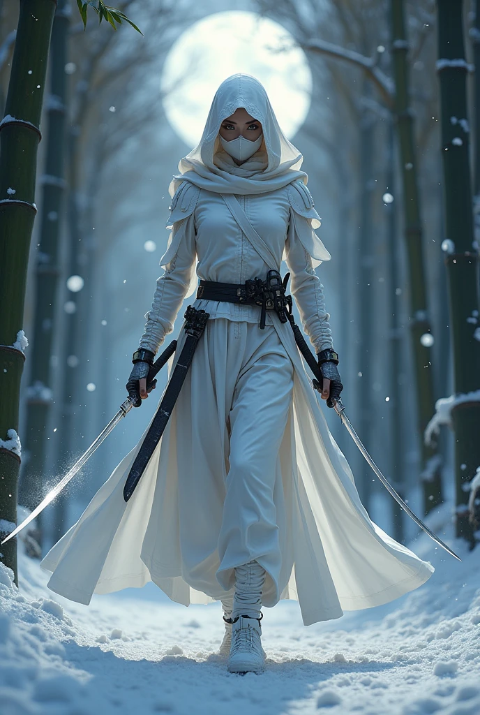 Create an image of the 'Porcelain Assassin,' a lethal ninja clad entirely in sleek dde fondo se veia una batalla, white armor that resembles delicate porcelain. Her figure is graceful yet deadly, with the armor intricately designed, featuring subtle floral patterns and cracks that mimic the look of fine porcelain, yet reinforced with high-tech materials for flexibility and protection. Her face is partially concealed by a porcelain mask, with only her piercing, ice-cold eyes visible, reflecting a steely focus and precision.
In a dynamic combat stance, she wields a pair of razor-sharp katanas, their blades gleaming with an ethereal, cold light. Several other weapons are strategically placed on her person—throwing stars, concealed daggers, and a small crossbow strapped to her back. The white fabric of her outfit flows with her movements, blending seamlessly into the snowy environment around her.
The background is a dark, moonlit night in a secluded bamboo forest, with snow gently falling, contrasting against her pure white form. The trees cast long shadows, and the ground is lightly dusted with snow, further emphasizing her ability to blend into her surroundings. The atmosphere is tense, as if she's poised to strike at any moment, her presence both elegant and terrifying, embodying the lethal precision of a master assassin."
This prompt should inspire the creation of an image that captures the lethal elegance of the "Porcelain Assassin" in her white ninja armor, fully armed and ready for combat.
