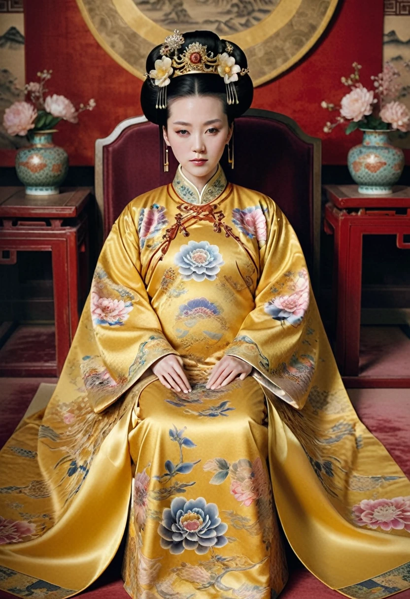 From before the Qing, The Empress sits naked on a golden sofa in the palace, Her eyes are wide open, Her legs were spread, big naked breasts. At the Chinese court during the Qing Dynasty, Empress of the Qing Dynasty, Empress of China, Wearing a large crown, When viewed from below, the abdomen and thighs are visible..。She is completely naked, Showing off gorgeous large flowers and hairpins, She tied her hair up and pulled it up, 背景はEmpress of the Qing Dynastyの豪華な宮殿.