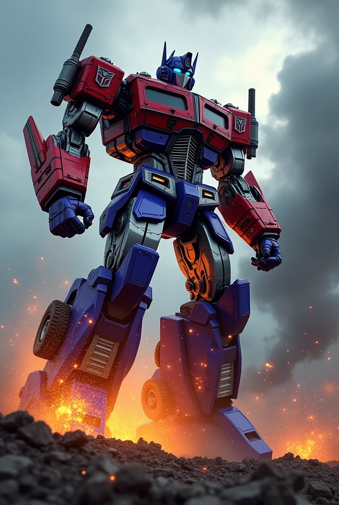 . Armada prime.T-rexBig head on right hand. Purple robot. muscle robot. Full armour hulk buster. . iron man. Superman. Ultraman Red white armor. Mediva concept. Samurai Optimus Prime, robot warrior, leaping against dark cloudy sky, intense battle background, dynamic explosion effects, cinematic lighting, highly detailed, 8K, (best quality,4k,8k,highres,masterpiece:1.2),ultra-detailed,(realistic,photorealistic,photo-realistic:1.37),epic action scene,dramatic pose,intricate mechanical design,glowing energy,sparks,dust,devastation,cinematic angle,dramatic lighting