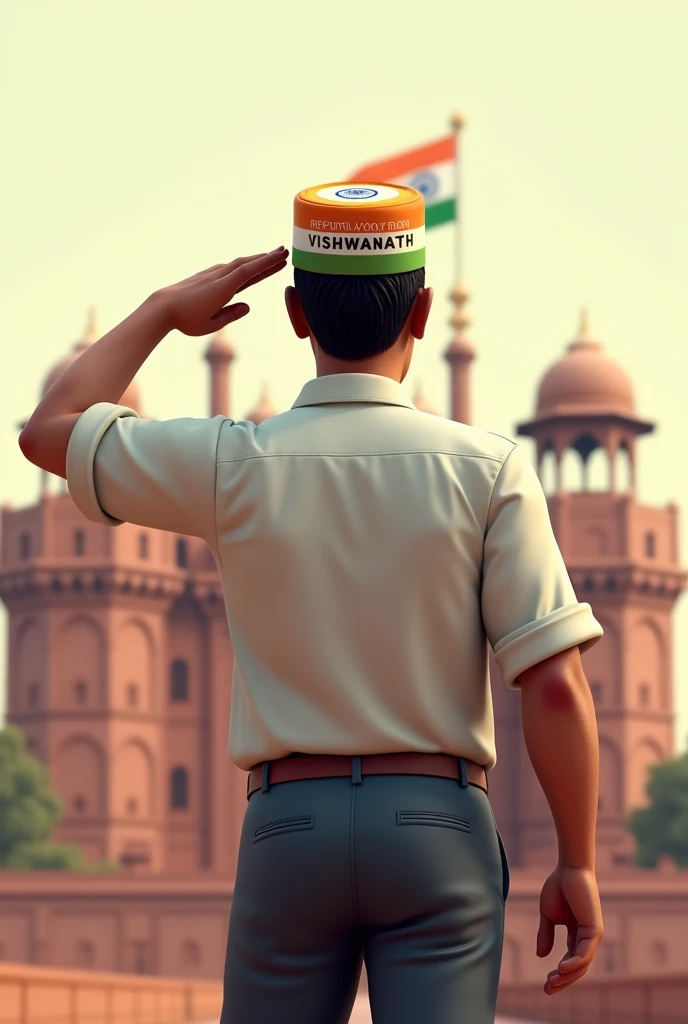 a 40 years old professional man salutes the national flag of bharat and he is wearing a shirt and full paint, leader cap on head print is like bharat flag and "VISHWANATH" and 11 number and republic day in small but small is written on it's back in big and bold fonts, 3d illustration, IN LAL KILA DELHI