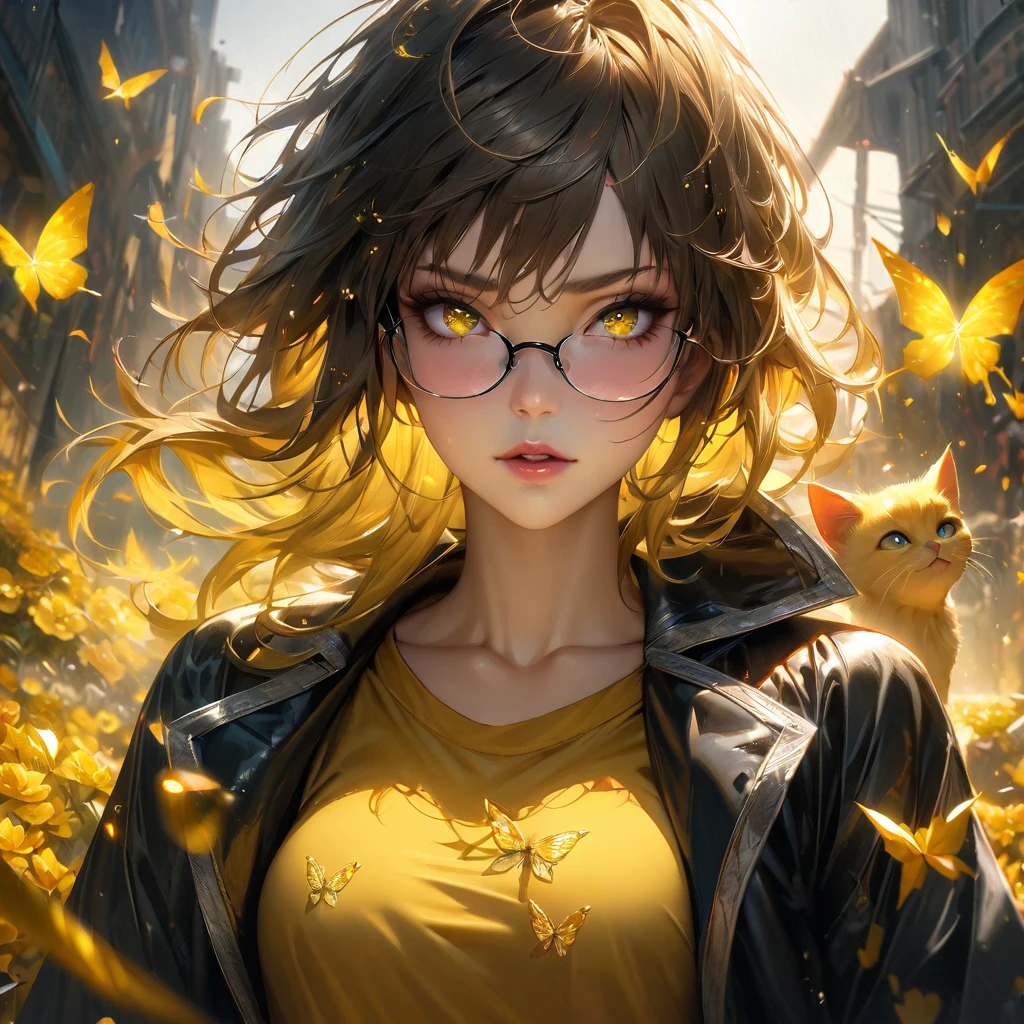 Extremely detailed, high resolution, absurd, HDR, masterpiece, Fushiguro Megumi, black and yellow Hair, Expressive yellow eyes, Jiu Jitsu Kaiba, Black long coat, yellow Ice flowers, petal, Very beautiful, Sexy girl, Solitary, Extremely detailed eyes and face, yellow Ice, yellow Ice sparkling butterflies, yellow T-shirt, Realistic face, sparkling, sparkling eyes, yellow cat, long with yellow and black highlights hair,wear glasses