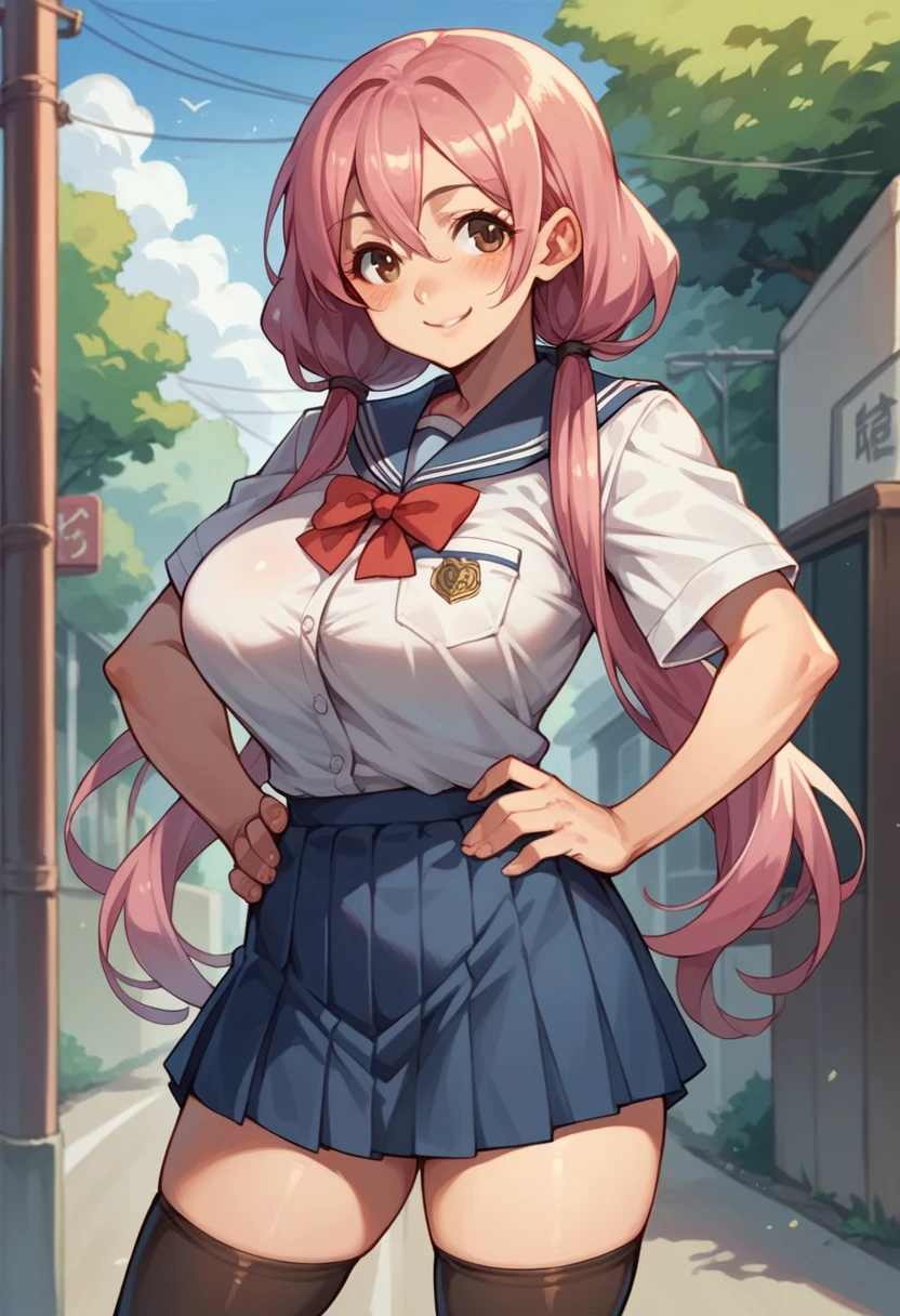 1girl, solo, (large breasts:1.3), hands on hips, cowboy shot, shinohara_katsumi_uniform, long hair, low twintails, blush, smile, furrowed brow, skirt, thighhighs, brown eyes, school uniform, pink hair, street